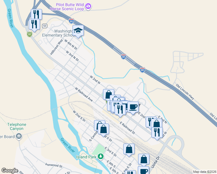 map of restaurants, bars, coffee shops, grocery stores, and more near 201-299 North 2nd West Street in Green River