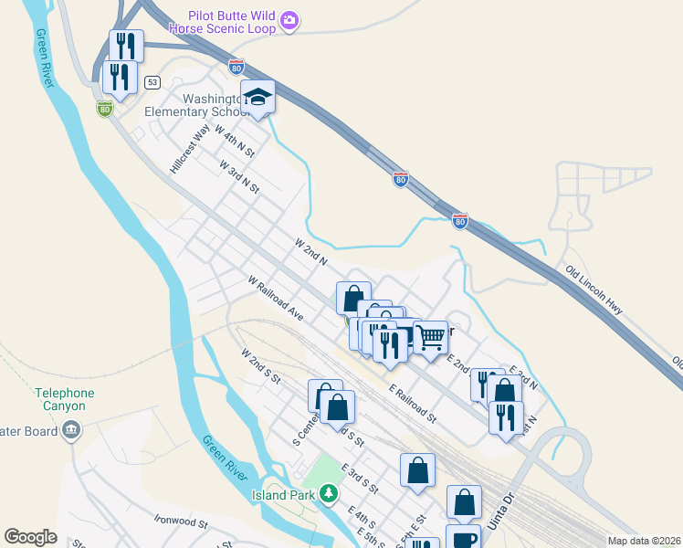 map of restaurants, bars, coffee shops, grocery stores, and more near 201 North 2nd West Street in Green River