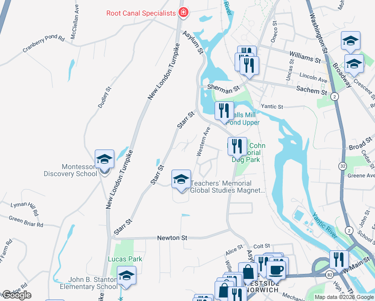 map of restaurants, bars, coffee shops, grocery stores, and more near 62 Starr Street in Norwich