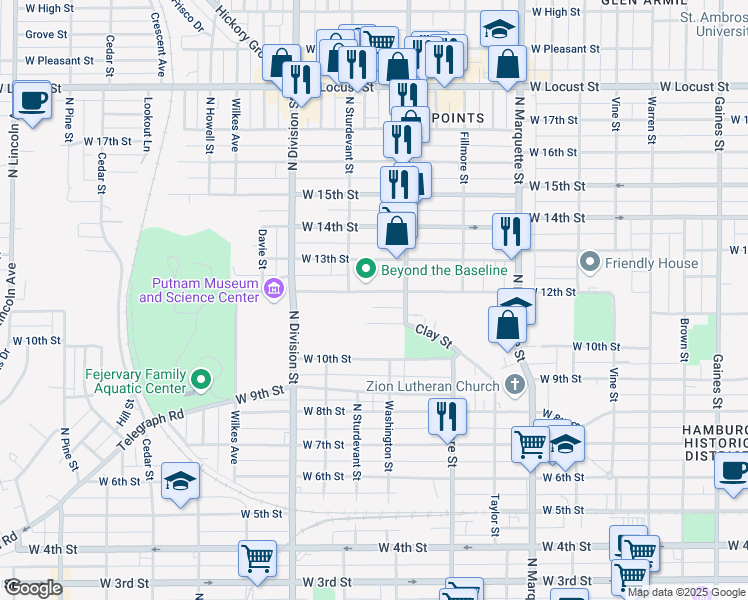 map of restaurants, bars, coffee shops, grocery stores, and more near 1607 West 12th Street in Davenport