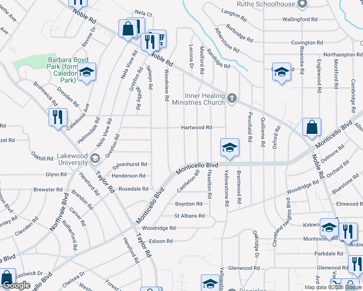 map of restaurants, bars, coffee shops, grocery stores, and more near 1036 Elbon Road in Cleveland Heights