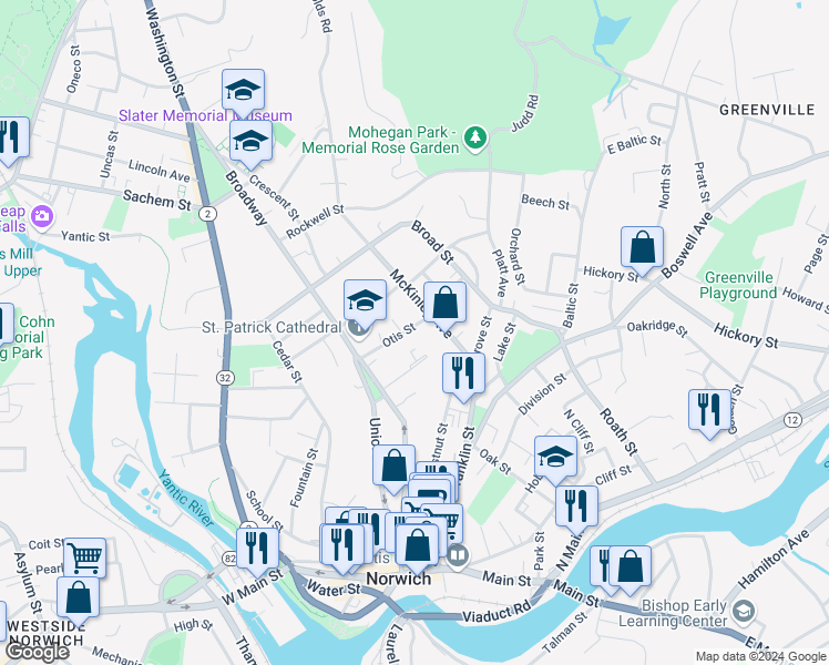 map of restaurants, bars, coffee shops, grocery stores, and more near 58 McKinley Avenue in Norwich