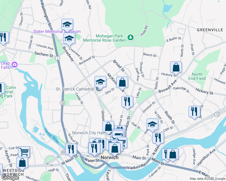 map of restaurants, bars, coffee shops, grocery stores, and more near 58 McKinley Avenue in Norwich