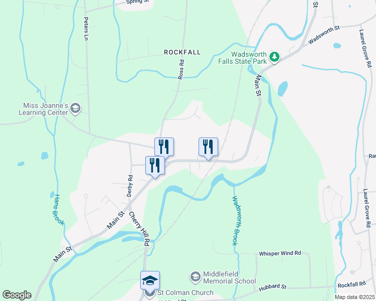 map of restaurants, bars, coffee shops, grocery stores, and more near 119 Main Street in Middlefield