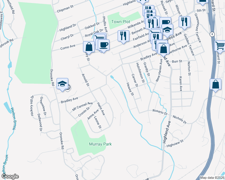 map of restaurants, bars, coffee shops, grocery stores, and more near 1 Esther Avenue in Waterbury