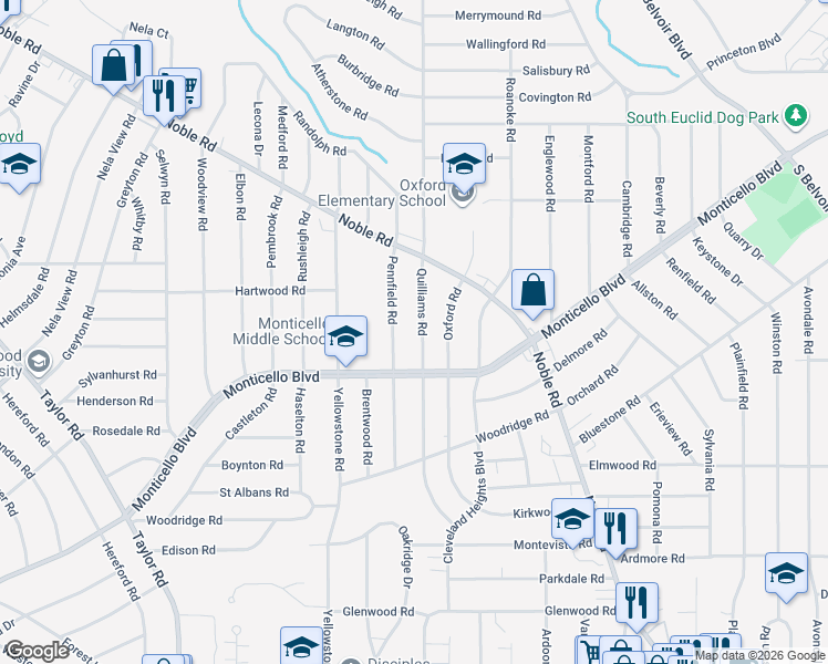 map of restaurants, bars, coffee shops, grocery stores, and more near 1031 Quilliams Road in Cleveland Heights