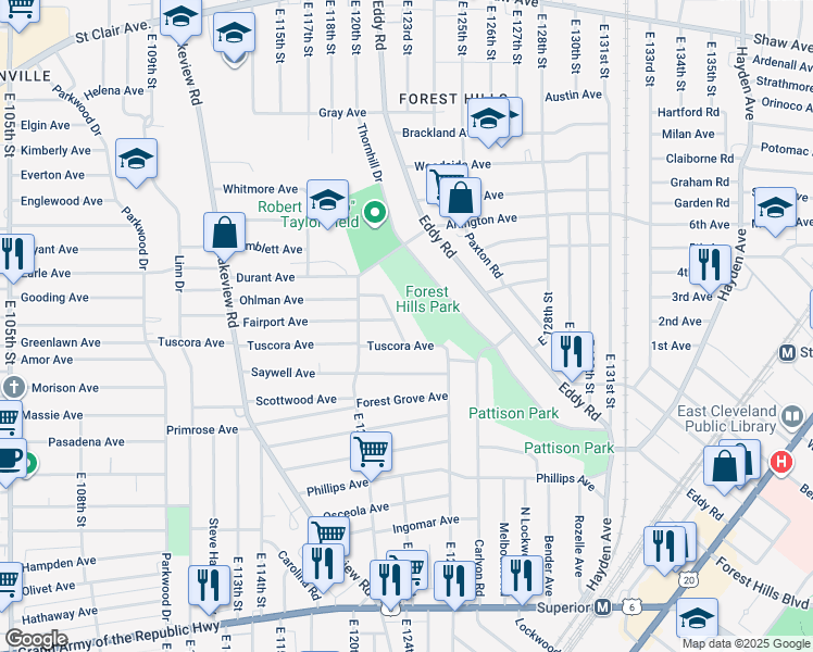 map of restaurants, bars, coffee shops, grocery stores, and more near 939 Parkway Road in Cleveland