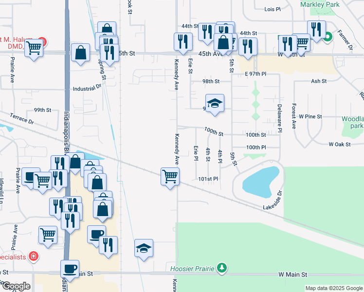 map of restaurants, bars, coffee shops, grocery stores, and more near 10011 Kennedy Avenue in Highland