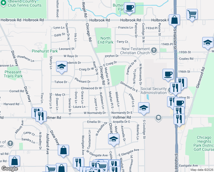 map of restaurants, bars, coffee shops, grocery stores, and more near 128 Mayfair Place North in Chicago Heights