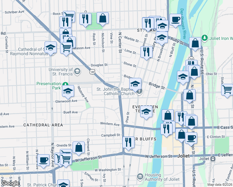map of restaurants, bars, coffee shops, grocery stores, and more near 414 North Center Street in Joliet
