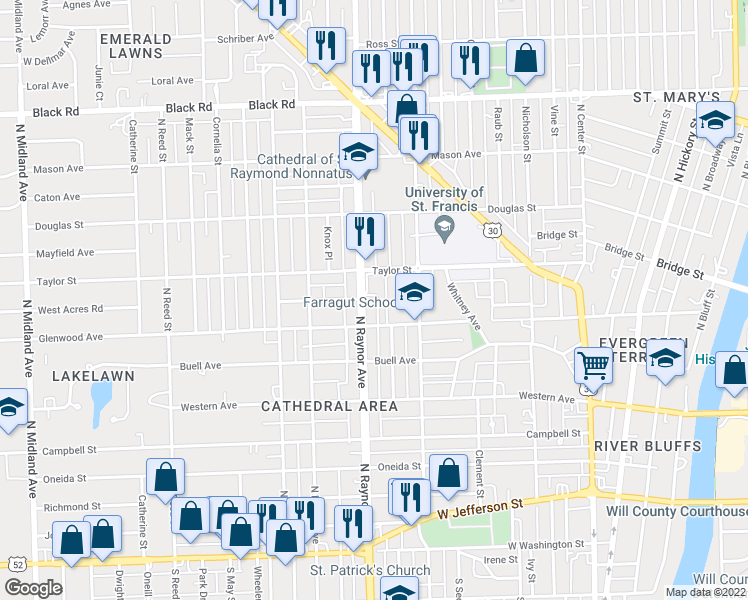 map of restaurants, bars, coffee shops, grocery stores, and more near 420 North Raynor Avenue in Joliet