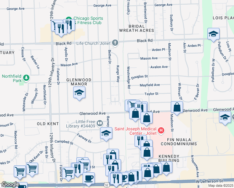map of restaurants, bars, coffee shops, grocery stores, and more near 512 Kungs Way in Joliet