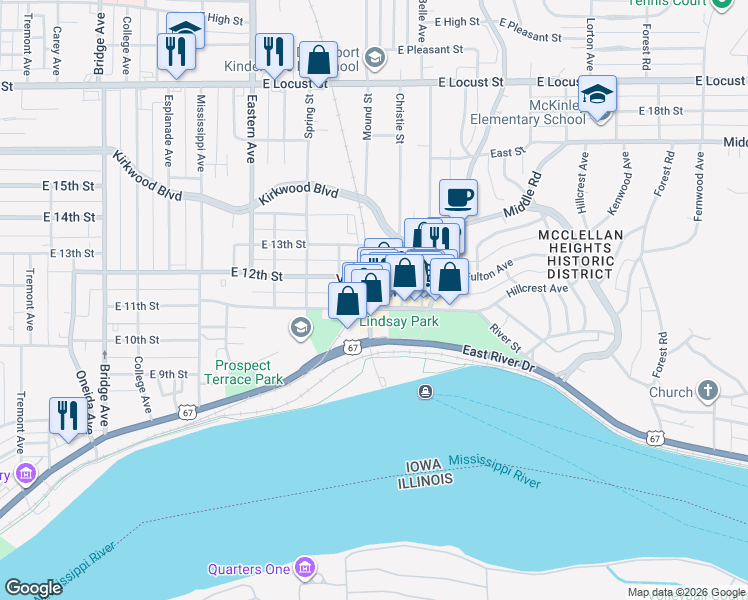 map of restaurants, bars, coffee shops, grocery stores, and more near 2109 East 12th Street in Davenport