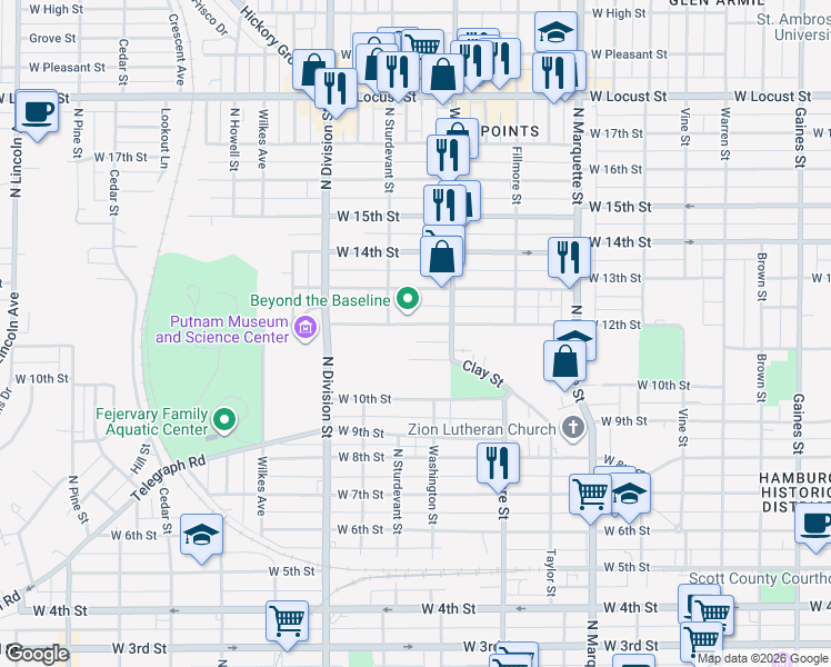 map of restaurants, bars, coffee shops, grocery stores, and more near 1516 West 12th Street in Davenport