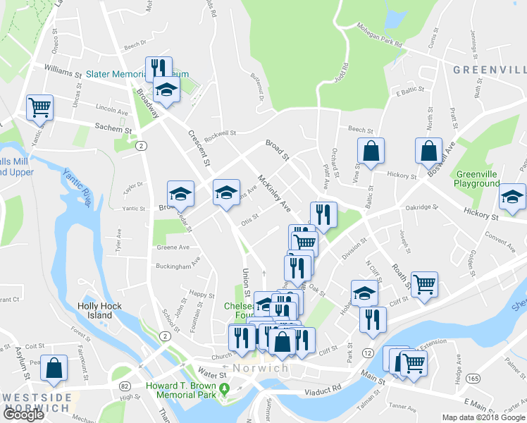 map of restaurants, bars, coffee shops, grocery stores, and more near 66 Otis Street in Norwich