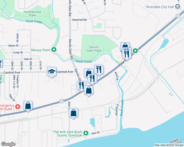 map of restaurants, bars, coffee shops, grocery stores, and more near 970 39th Street in Bettendorf