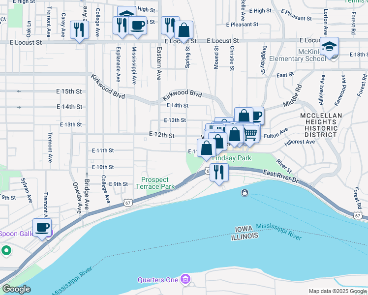 map of restaurants, bars, coffee shops, grocery stores, and more near 1830 East 11th Street in Davenport