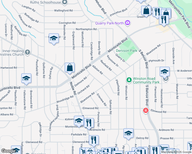 map of restaurants, bars, coffee shops, grocery stores, and more near 1079 Hillstone Road in Cleveland Heights