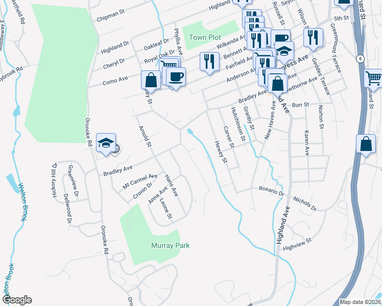 map of restaurants, bars, coffee shops, grocery stores, and more near 1 Esther Avenue in Waterbury