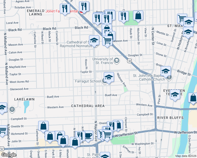 map of restaurants, bars, coffee shops, grocery stores, and more near 410 North Raynor Avenue in Joliet