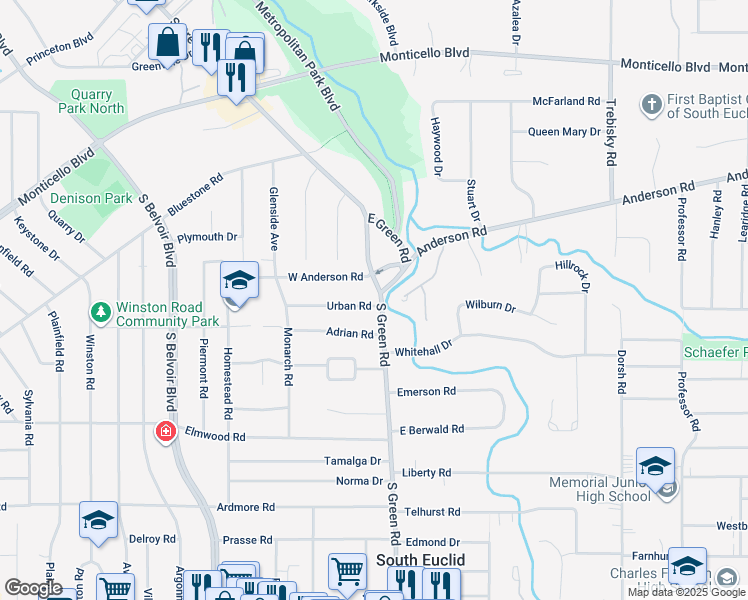 map of restaurants, bars, coffee shops, grocery stores, and more near 1054 South Green Road in South Euclid