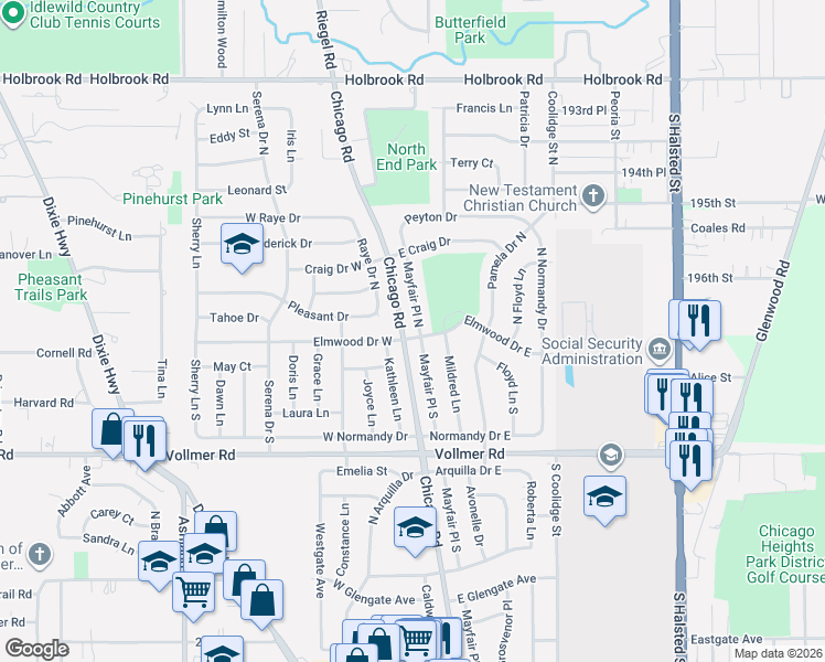 map of restaurants, bars, coffee shops, grocery stores, and more near 128 Mayfair Place North in Chicago Heights