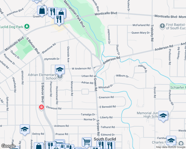 map of restaurants, bars, coffee shops, grocery stores, and more near 1054 South Green Road in South Euclid