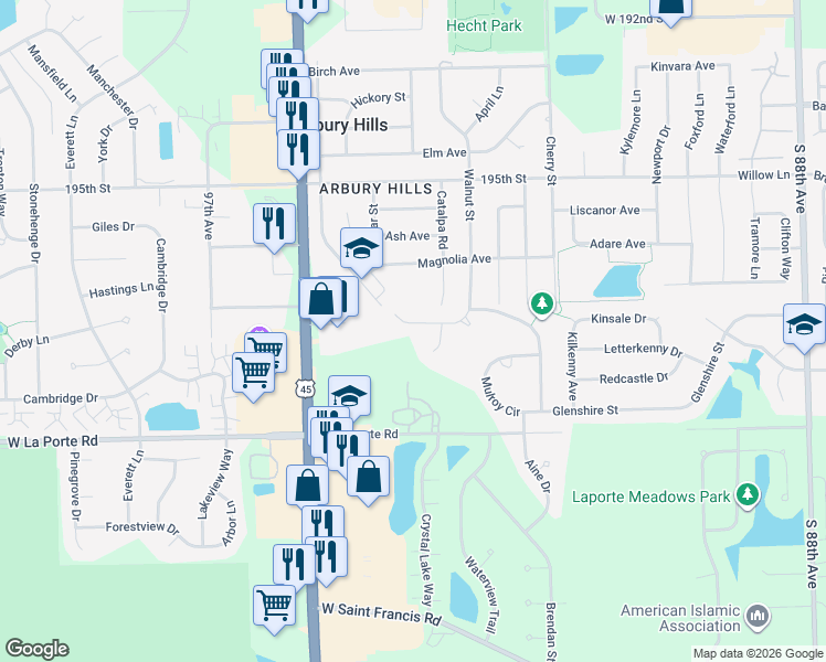 map of restaurants, bars, coffee shops, grocery stores, and more near 19644 Catalpa Road in Mokena
