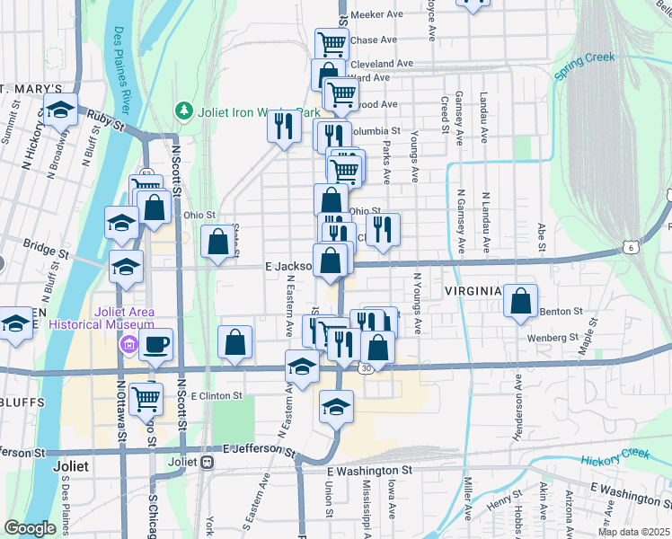 map of restaurants, bars, coffee shops, grocery stores, and more near 417 Collins Street in Joliet