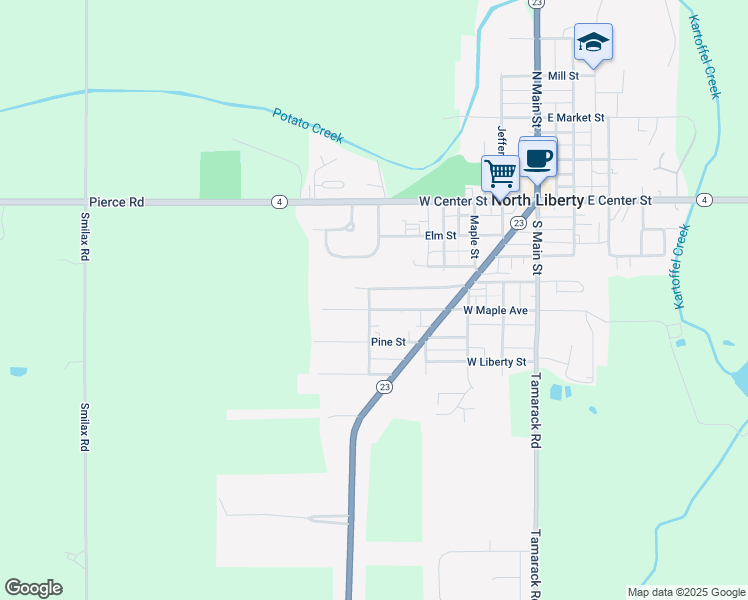 map of restaurants, bars, coffee shops, grocery stores, and more near 200-232 South William Street in North Liberty