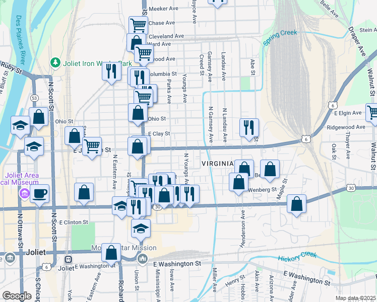 map of restaurants, bars, coffee shops, grocery stores, and more near 550 East Jackson Street in Joliet