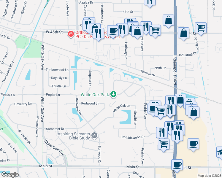 map of restaurants, bars, coffee shops, grocery stores, and more near 10007 Wildwood Ln in Highland