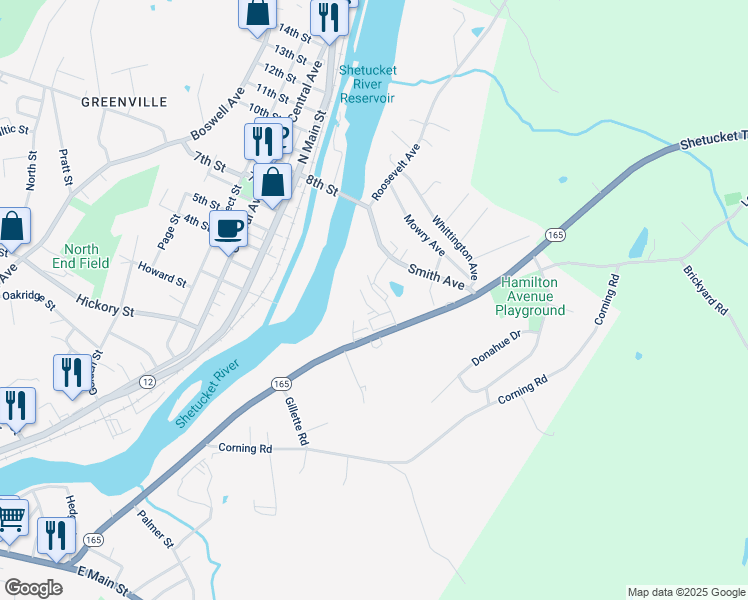 map of restaurants, bars, coffee shops, grocery stores, and more near 110 Pukallus Avenue in Norwich