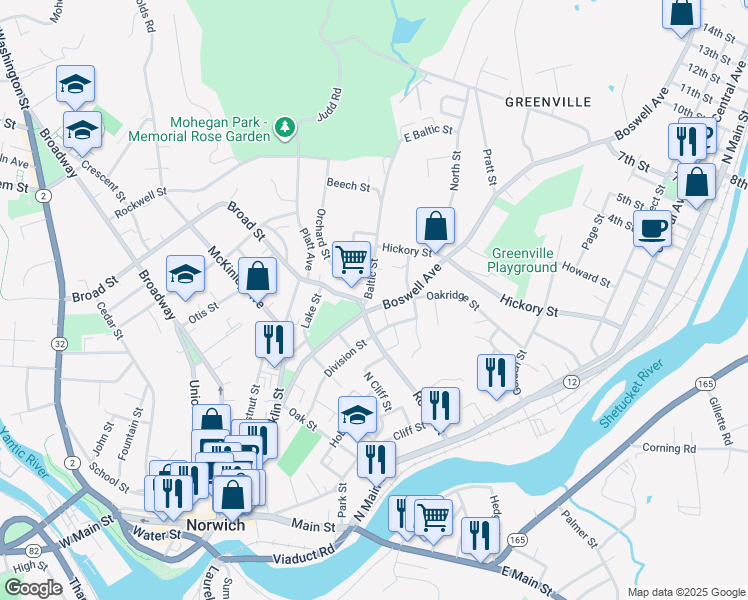 map of restaurants, bars, coffee shops, grocery stores, and more near 126 Boswell Avenue in Norwich