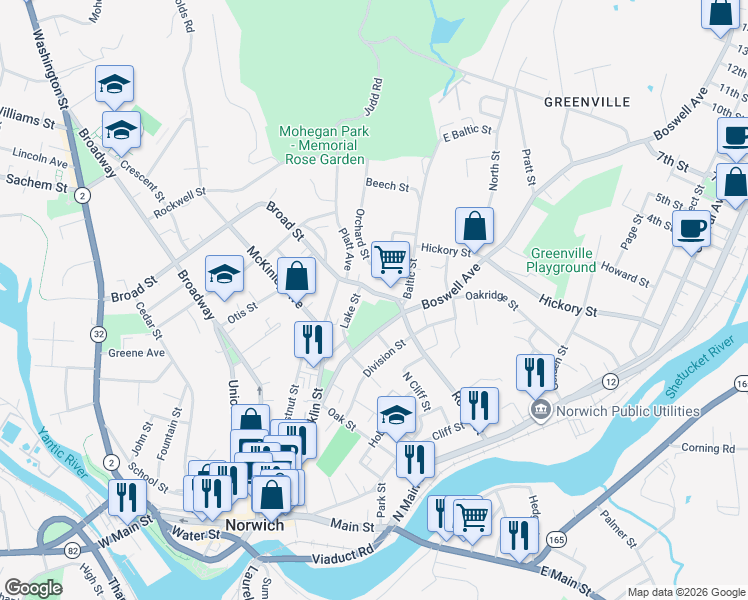map of restaurants, bars, coffee shops, grocery stores, and more near 244 Broad Street in Norwich