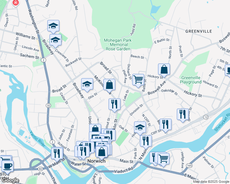 map of restaurants, bars, coffee shops, grocery stores, and more near 46 Freeman Avenue in Norwich