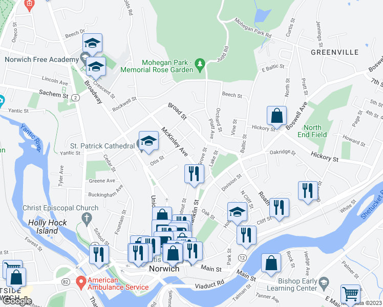 map of restaurants, bars, coffee shops, grocery stores, and more near 46 Freeman Avenue in Norwich