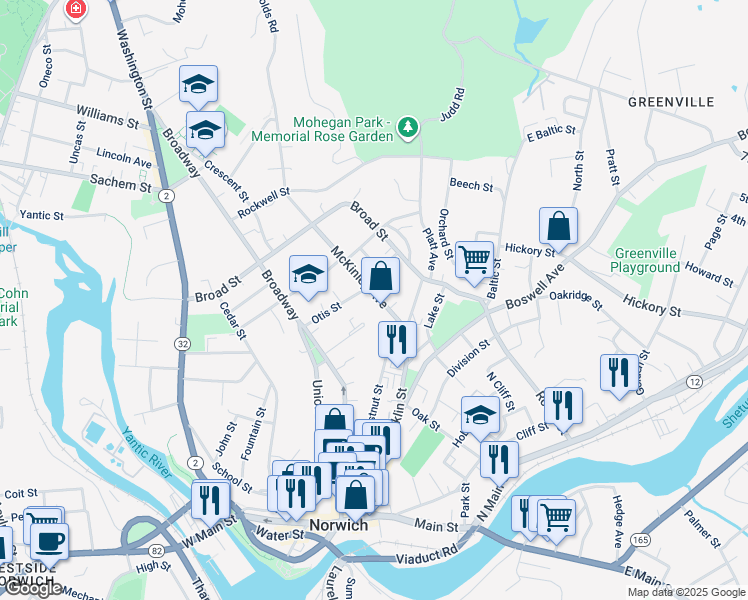 map of restaurants, bars, coffee shops, grocery stores, and more near 58 McKinley Avenue in Norwich
