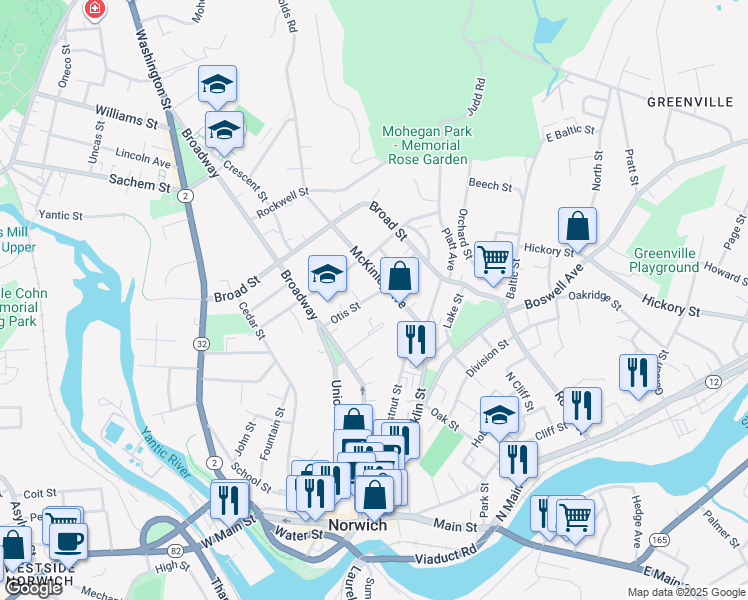 map of restaurants, bars, coffee shops, grocery stores, and more near 58 McKinley Avenue in Norwich