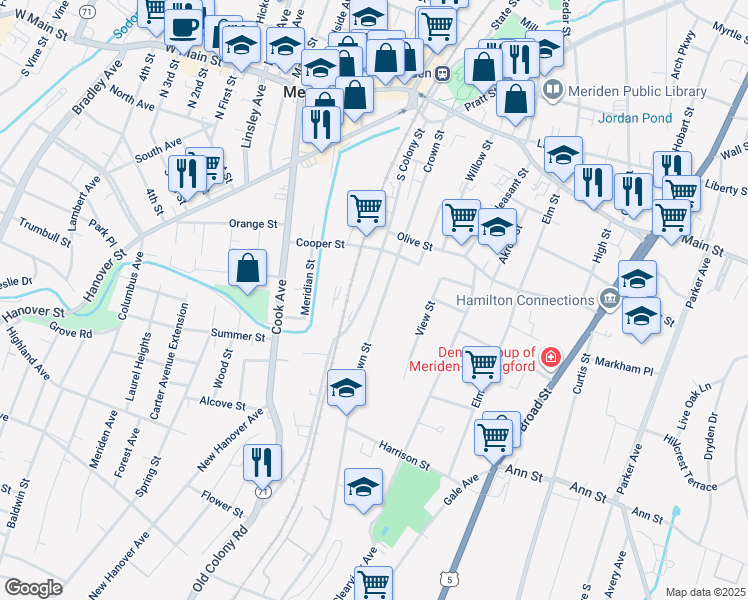 map of restaurants, bars, coffee shops, grocery stores, and more near 207 Crown Street in Meriden