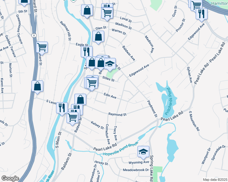 map of restaurants, bars, coffee shops, grocery stores, and more near 57 Temple Street in Waterbury