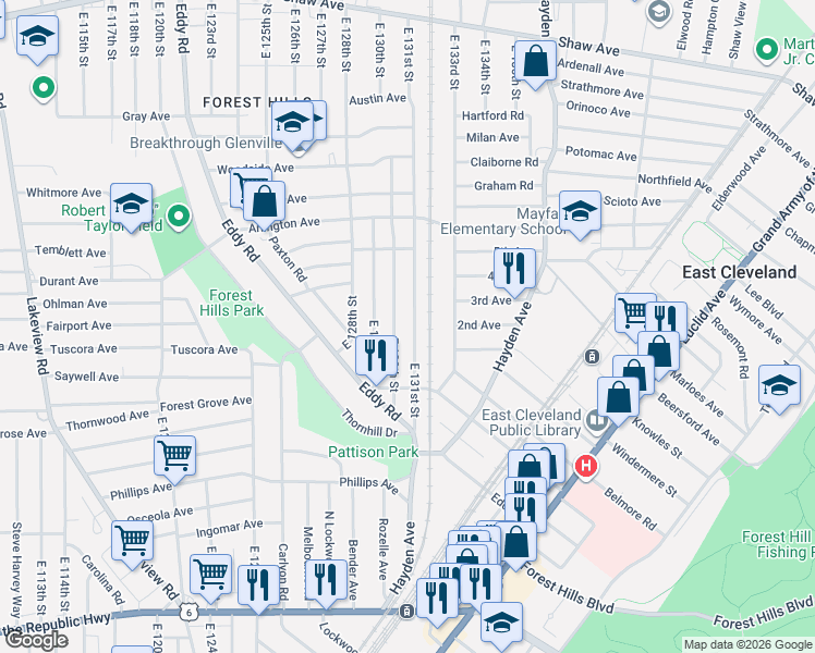 map of restaurants, bars, coffee shops, grocery stores, and more near 935 East 130th Street in Cleveland