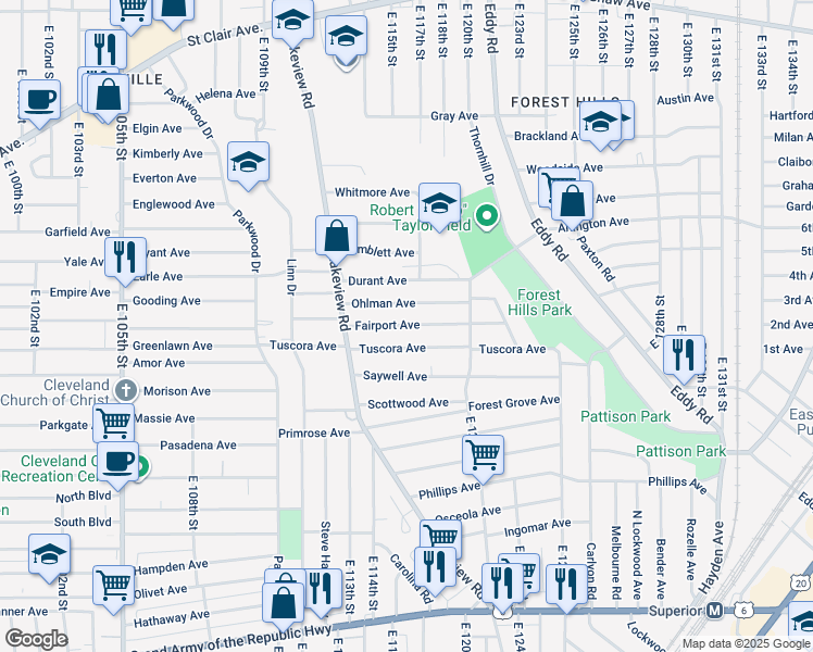 map of restaurants, bars, coffee shops, grocery stores, and more near 11514 Ohlman Avenue in Cleveland