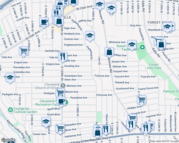 map of restaurants, bars, coffee shops, grocery stores, and more near 950 Parkwood Drive in Cleveland