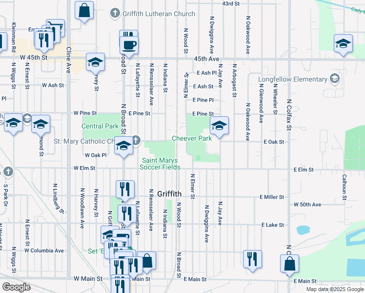 map of restaurants, bars, coffee shops, grocery stores, and more near 554 North Elmer Street in Griffith