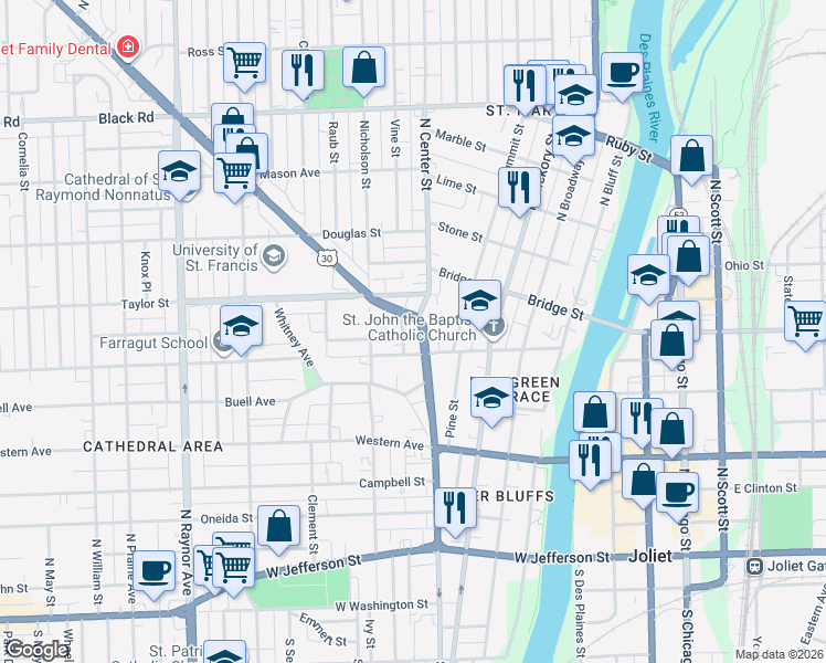 map of restaurants, bars, coffee shops, grocery stores, and more near 414 North Center Street in Joliet