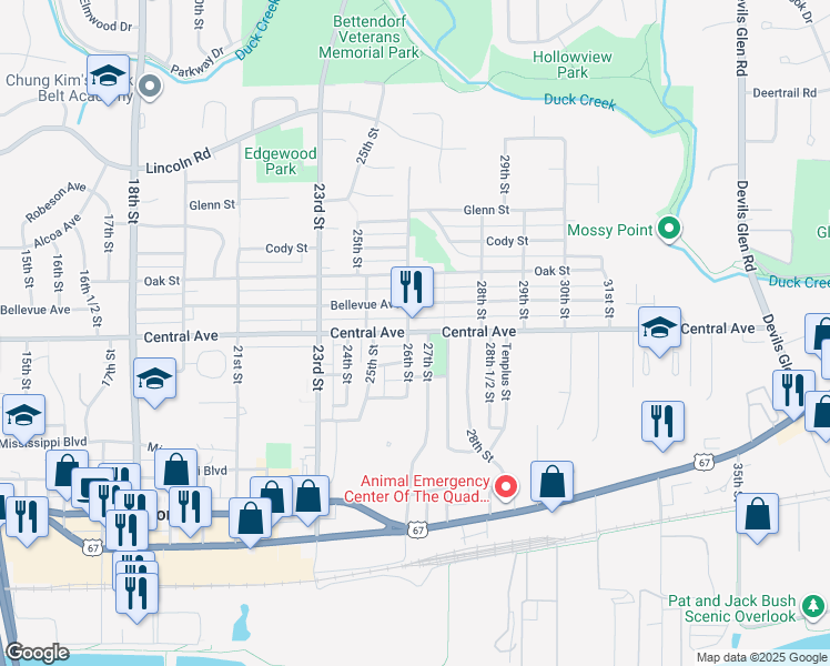 map of restaurants, bars, coffee shops, grocery stores, and more near 2607 Bellevue Avenue in Bettendorf