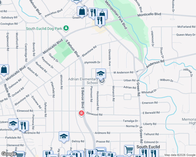 map of restaurants, bars, coffee shops, grocery stores, and more near 1071 Homestead Road in South Euclid