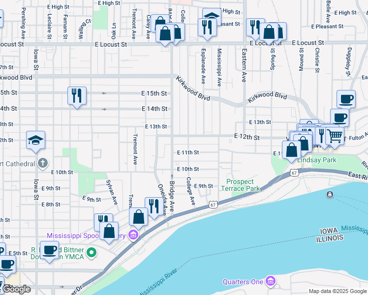 map of restaurants, bars, coffee shops, grocery stores, and more near 1102 College Avenue in Davenport