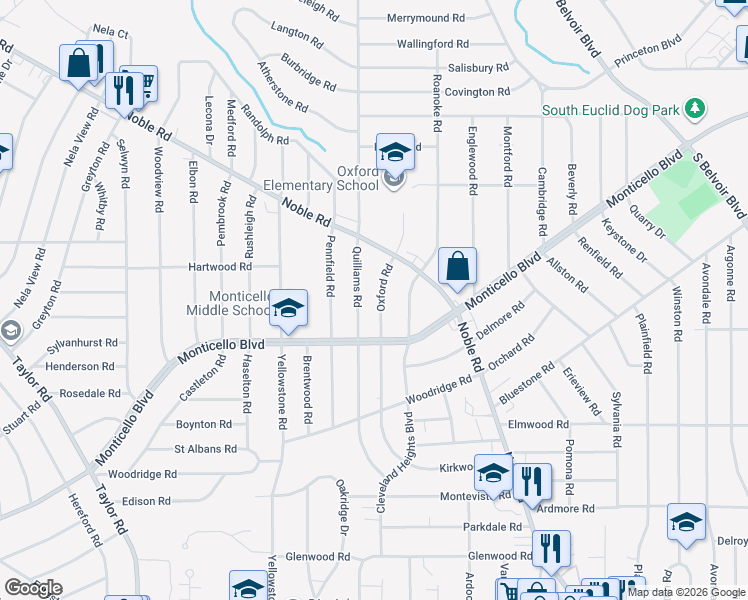 map of restaurants, bars, coffee shops, grocery stores, and more near 1052 Oxford Road in Cleveland Heights